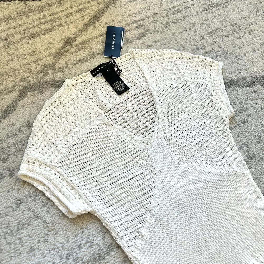 NWT Ralph Lauren Black Label Ivory Pointelle Knit Crochet Dress Size L